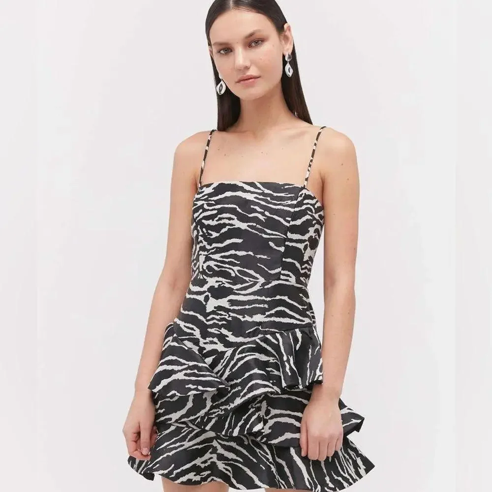 Bardot Women's Zebra Frill Dress Cocktail Mini Adjustable Straps Black White NWT